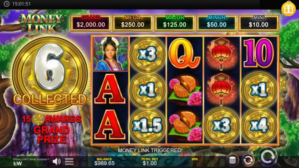 Tampilan visual slot Money Link Moon Goddess dengan tema Dewi Bulan dan taman malam yang tenang.